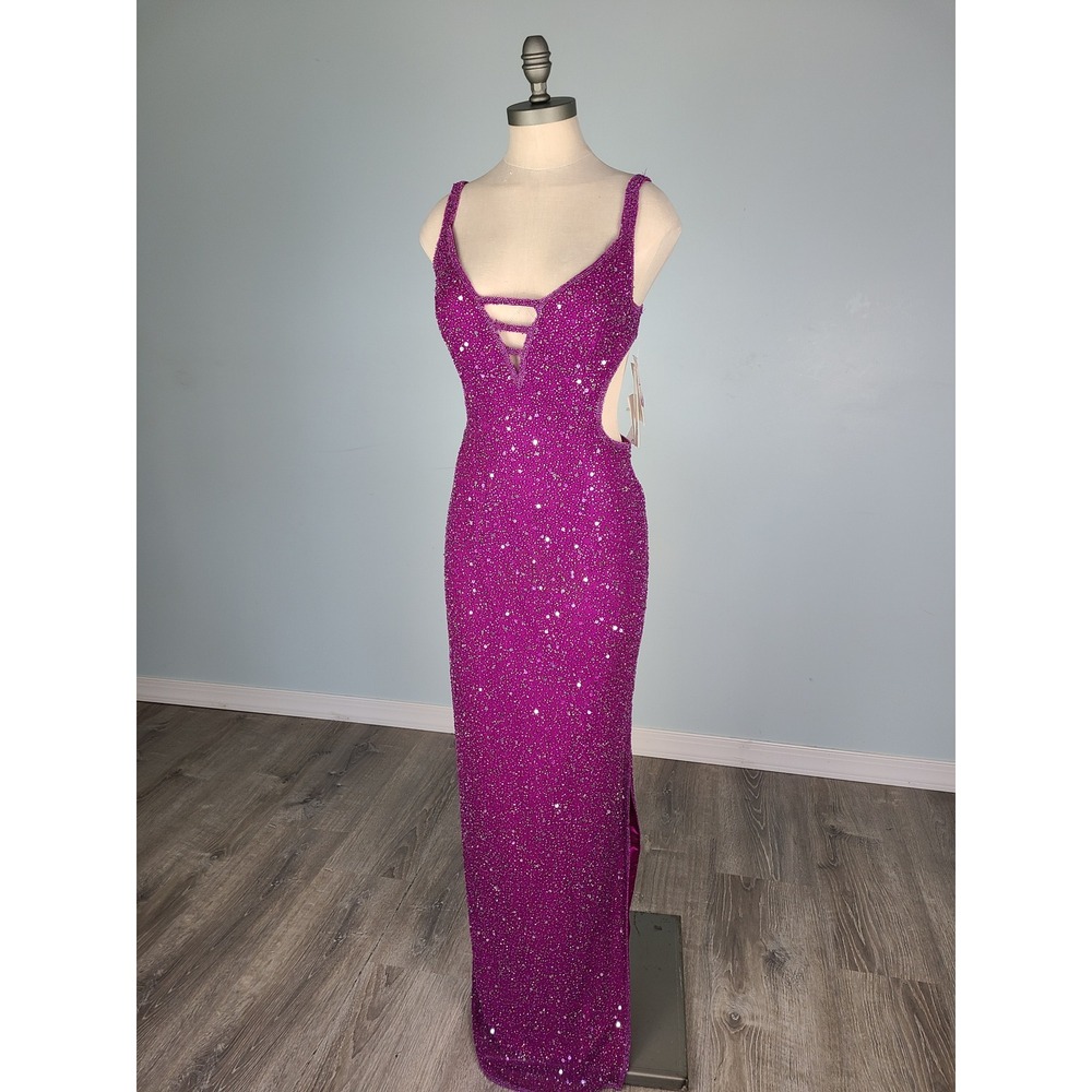 VTG Y2K Scala 100% Silk Beaded Gown Formal Prom Dress Purple It Girl DEADSTOCK